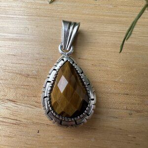 VTG‎ Pendant 1.5" Teardrop Faceted Tiger Eye Gemstone 925 Sterling Silver 5.8g